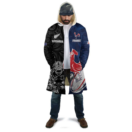 France And New Zealand Rugby Custom Cloak Les Bleus Rooster With Maori Tiki - Aussie Hoodie