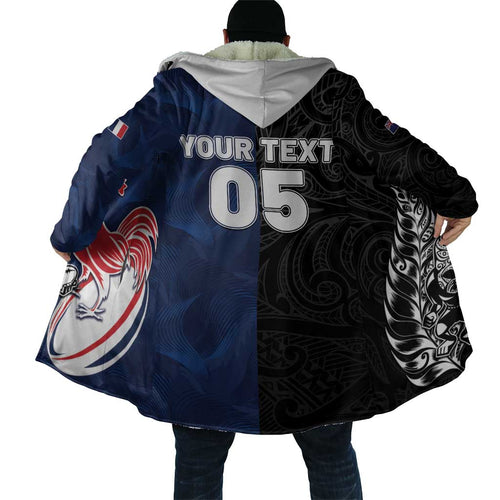 France And New Zealand Rugby Custom Cloak Les Bleus Rooster With Maori Tiki - Aussie Hoodie