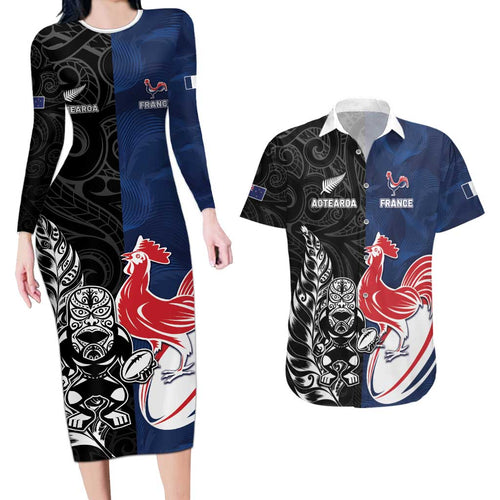 France And New Zealand Rugby Custom Couples Matching Long Sleeve Bodycon Dress and Hawaiian Shirt Les Bleus Rooster With Maori Tiki - Aussie Hoodie