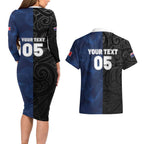 France And New Zealand Rugby Custom Couples Matching Long Sleeve Bodycon Dress and Hawaiian Shirt Les Bleus Rooster With Maori Tiki - Aussie Hoodie