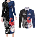 France And New Zealand Rugby Custom Couples Matching Long Sleeve Bodycon Dress and Long Sleeve Button Shirt Les Bleus Rooster With Maori Tiki - Aussie Hoodie