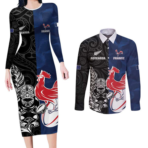 France And New Zealand Rugby Custom Couples Matching Long Sleeve Bodycon Dress and Long Sleeve Button Shirt Les Bleus Rooster With Maori Tiki - Aussie Hoodie