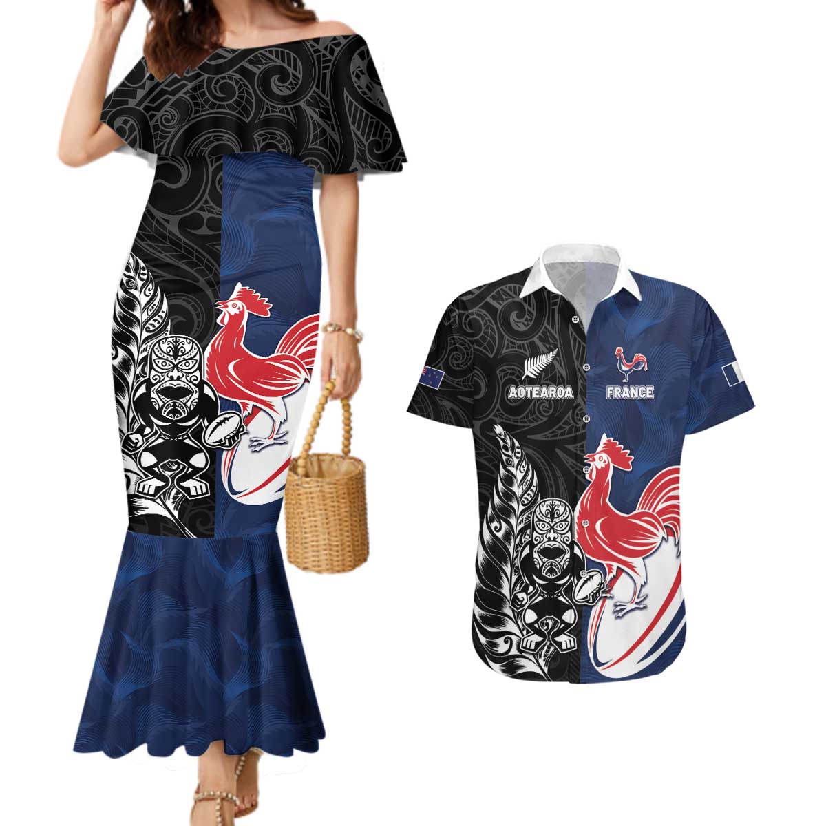 France And New Zealand Rugby Custom Couples Matching Mermaid Dress and Hawaiian Shirt Les Bleus Rooster With Maori Tiki - Aussie Hoodie