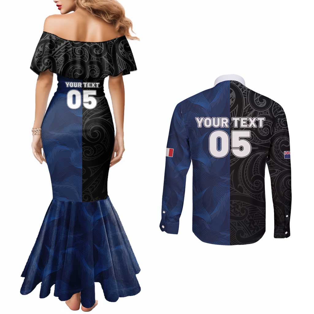 France And New Zealand Rugby Custom Couples Matching Mermaid Dress and Long Sleeve Button Shirt Les Bleus Rooster With Maori Tiki - Aussie Hoodie