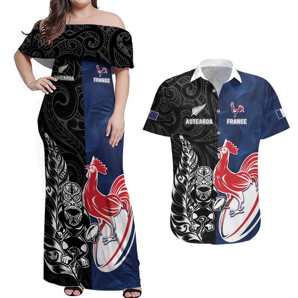 France And New Zealand Rugby Custom Couples Matching Off Shoulder Maxi Dress and Hawaiian Shirt Les Bleus Rooster With Maori Tiki - Aussie Hoodie