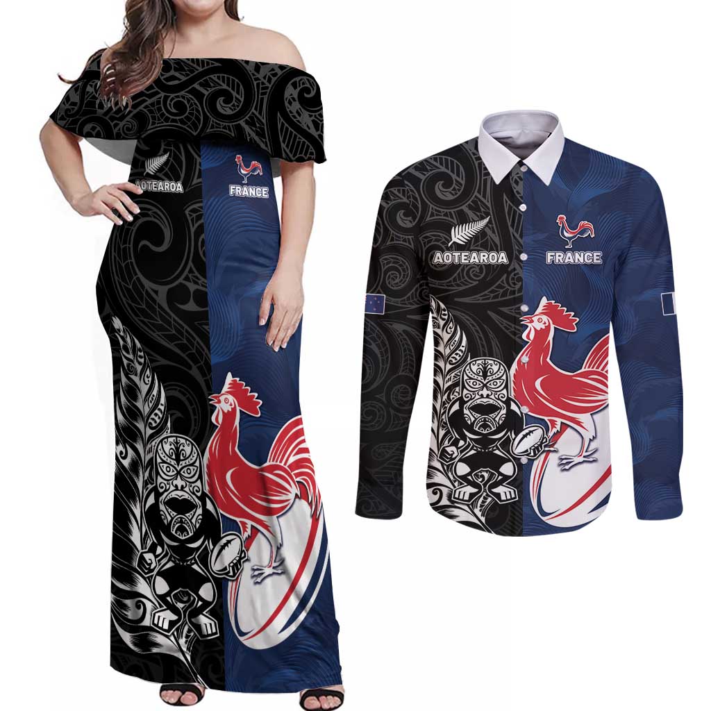 France And New Zealand Rugby Custom Couples Matching Off Shoulder Maxi Dress and Long Sleeve Button Shirt Les Bleus Rooster With Maori Tiki - Aussie Hoodie