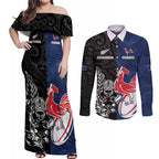 France And New Zealand Rugby Custom Couples Matching Off Shoulder Maxi Dress and Long Sleeve Button Shirt Les Bleus Rooster With Maori Tiki - Aussie Hoodie