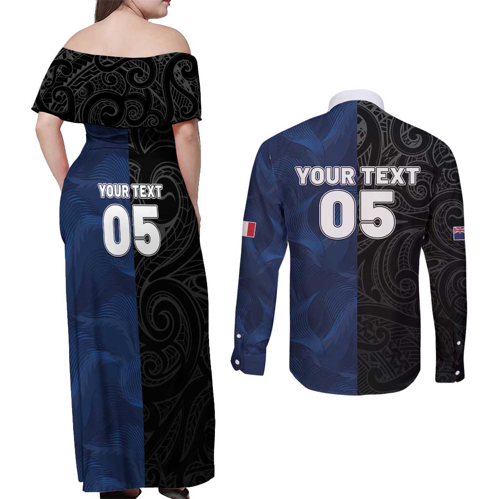 France And New Zealand Rugby Custom Couples Matching Off Shoulder Maxi Dress and Long Sleeve Button Shirt Les Bleus Rooster With Maori Tiki - Aussie Hoodie