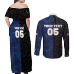 France And New Zealand Rugby Custom Couples Matching Off Shoulder Maxi Dress and Long Sleeve Button Shirt Les Bleus Rooster With Maori Tiki - Aussie Hoodie
