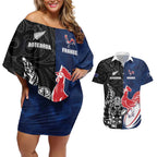 France And New Zealand Rugby Custom Couples Matching Off Shoulder Short Dress and Hawaiian Shirt Les Bleus Rooster With Maori Tiki - Aussie Hoodie