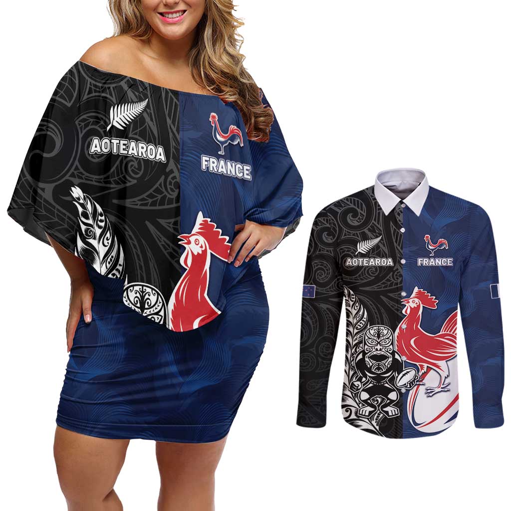 France And New Zealand Rugby Custom Couples Matching Off Shoulder Short Dress and Long Sleeve Button Shirt Les Bleus Rooster With Maori Tiki - Aussie Hoodie