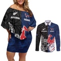 France And New Zealand Rugby Custom Couples Matching Off Shoulder Short Dress and Long Sleeve Button Shirt Les Bleus Rooster With Maori Tiki - Aussie Hoodie