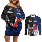 France And New Zealand Rugby Custom Couples Matching Off Shoulder Short Dress and Long Sleeve Button Shirt Les Bleus Rooster With Maori Tiki - Aussie Hoodie