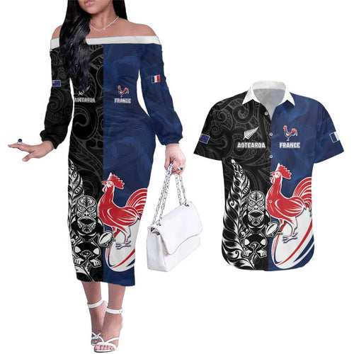 France And New Zealand Rugby Custom Couples Matching Off The Shoulder Long Sleeve Dress and Hawaiian Shirt Les Bleus Rooster With Maori Tiki - Aussie Hoodie