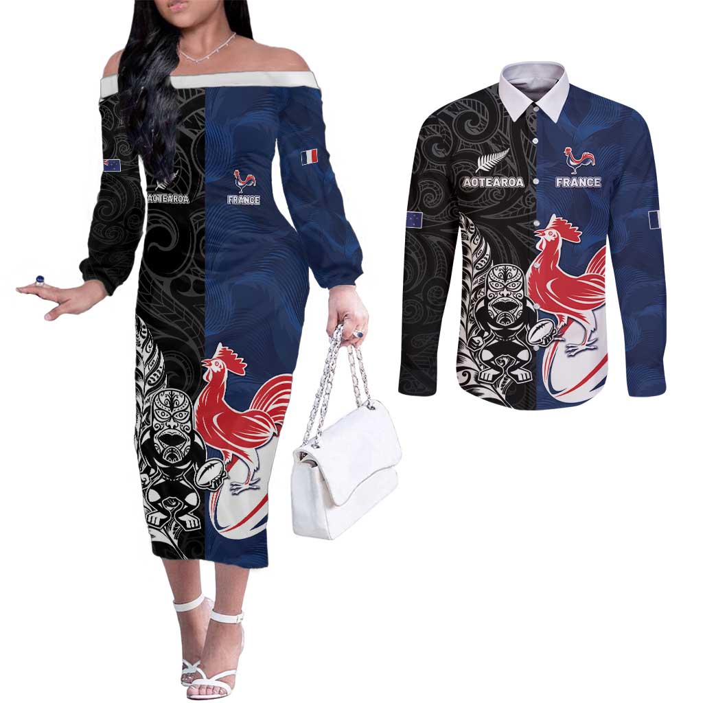 France And New Zealand Rugby Custom Couples Matching Off The Shoulder Long Sleeve Dress and Long Sleeve Button Shirt Les Bleus Rooster With Maori Tiki - Aussie Hoodie