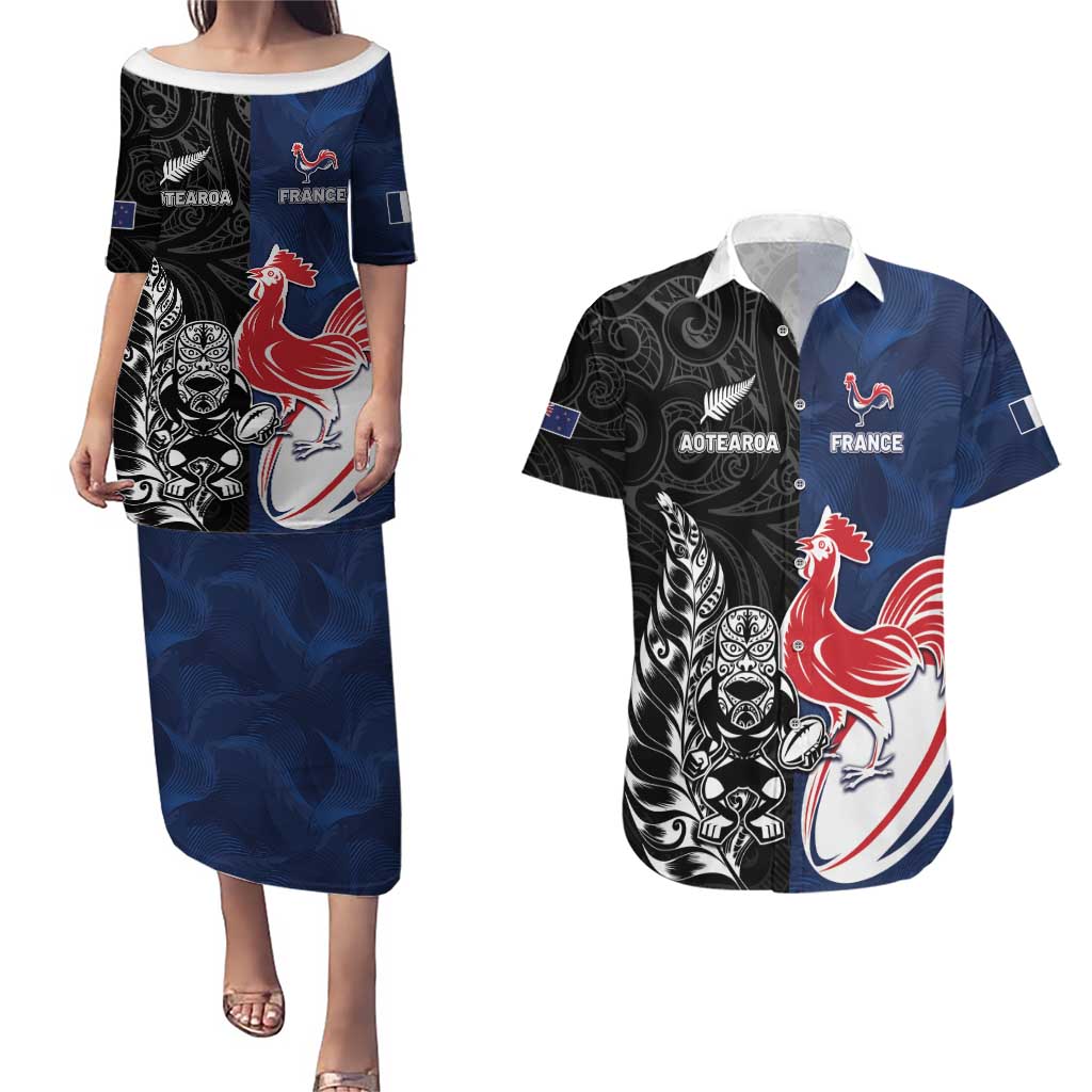 France And New Zealand Rugby Custom Couples Matching Puletasi and Hawaiian Shirt Les Bleus Rooster With Maori Tiki - Aussie Hoodie