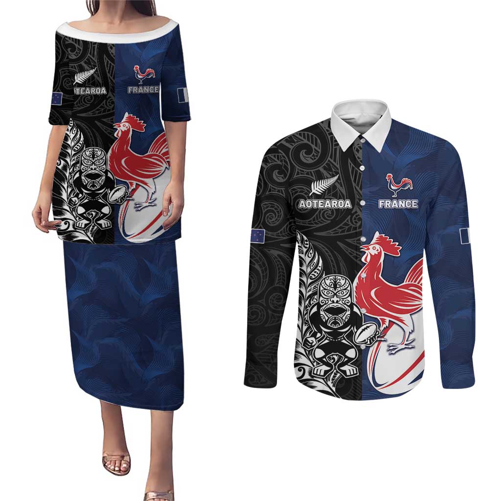 France And New Zealand Rugby Custom Couples Matching Puletasi and Long Sleeve Button Shirt Les Bleus Rooster With Maori Tiki - Aussie Hoodie