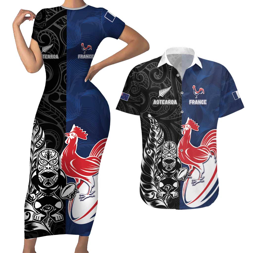 France And New Zealand Rugby Custom Couples Matching Short Sleeve Bodycon Dress and Hawaiian Shirt Les Bleus Rooster With Maori Tiki - Aussie Hoodie