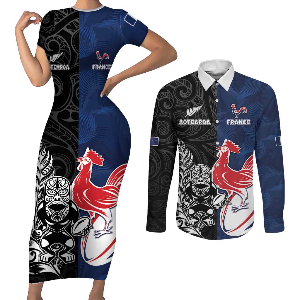 France And New Zealand Rugby Custom Couples Matching Short Sleeve Bodycon Dress and Long Sleeve Button Shirt Les Bleus Rooster With Maori Tiki - Aussie Hoodie