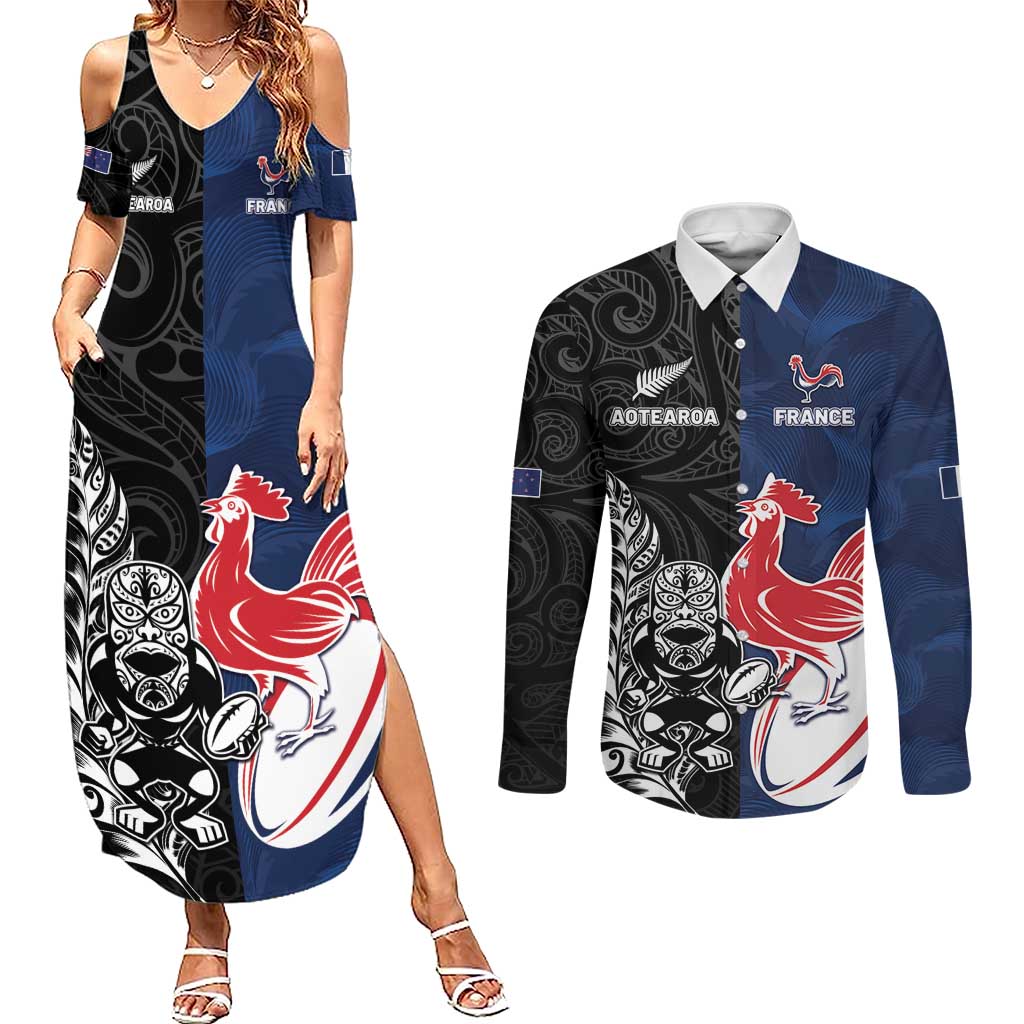 France And New Zealand Rugby Custom Couples Matching Summer Maxi Dress and Long Sleeve Button Shirt Les Bleus Rooster With Maori Tiki - Aussie Hoodie