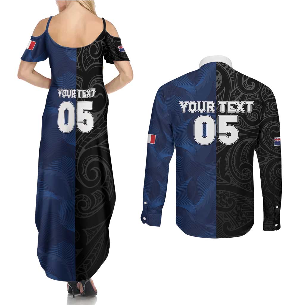 France And New Zealand Rugby Custom Couples Matching Summer Maxi Dress and Long Sleeve Button Shirt Les Bleus Rooster With Maori Tiki - Aussie Hoodie