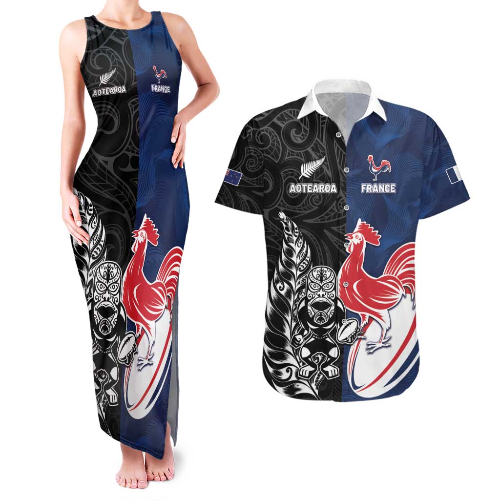 France And New Zealand Rugby Custom Couples Matching Tank Maxi Dress and Hawaiian Shirt Les Bleus Rooster With Maori Tiki - Aussie Hoodie