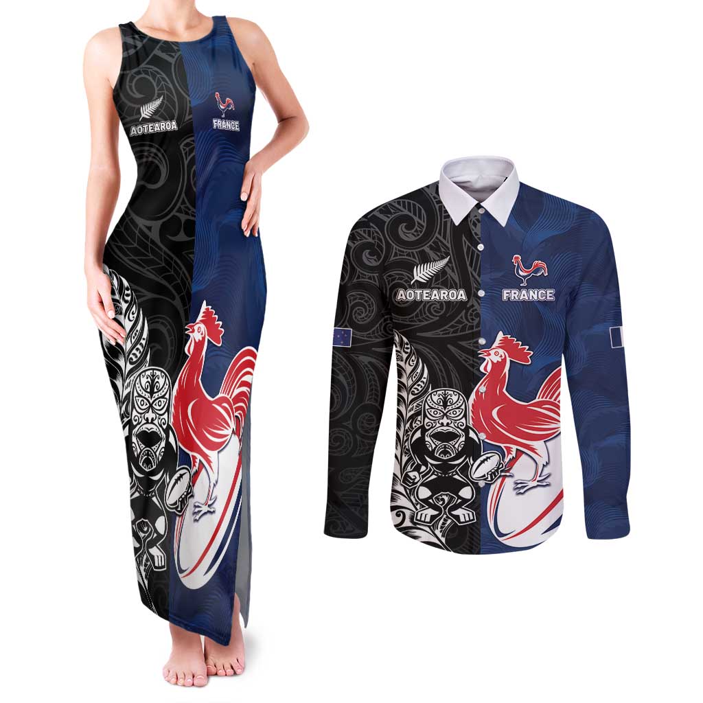 France And New Zealand Rugby Custom Couples Matching Tank Maxi Dress and Long Sleeve Button Shirt Les Bleus Rooster With Maori Tiki - Aussie Hoodie