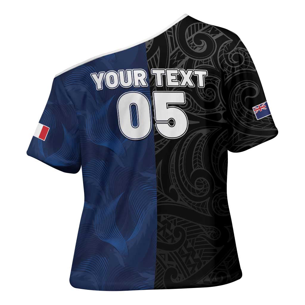 France And New Zealand Rugby Custom Cross Shoulder Shirt Les Bleus Rooster With Maori Tiki - Aussie Hoodie