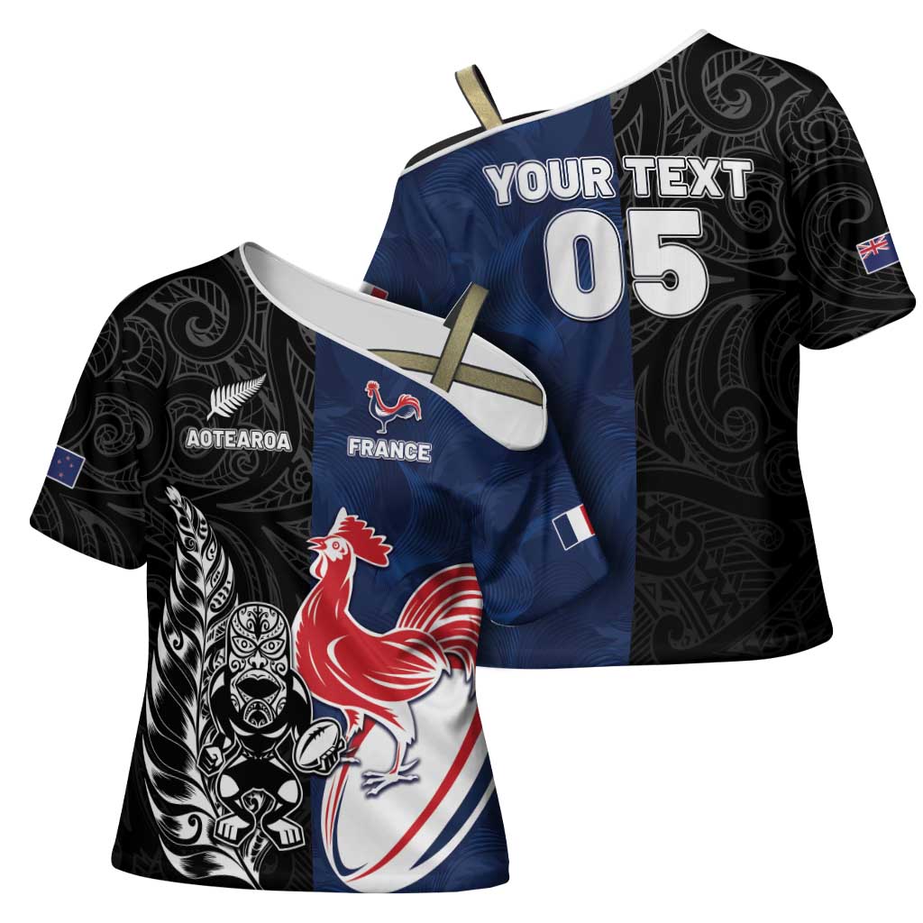 France And New Zealand Rugby Custom Cross Shoulder Shirt Les Bleus Rooster With Maori Tiki - Aussie Hoodie