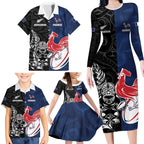 France And New Zealand Rugby Custom Family Matching Long Sleeve Bodycon Dress and Hawaiian Shirt Les Bleus Rooster With Maori Tiki - Aussie Hoodie