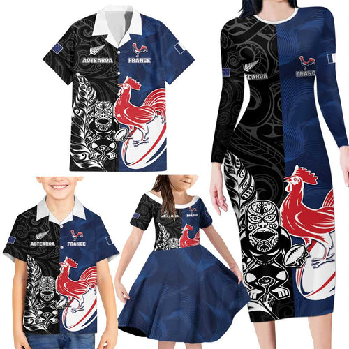 France And New Zealand Rugby Custom Family Matching Long Sleeve Bodycon Dress and Hawaiian Shirt Les Bleus Rooster With Maori Tiki - Aussie Hoodie