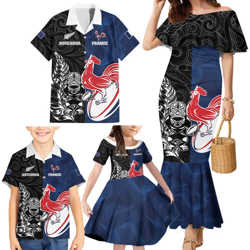 France And New Zealand Rugby Custom Family Matching Mermaid Dress and Hawaiian Shirt Les Bleus Rooster With Maori Tiki - Aussie Hoodie