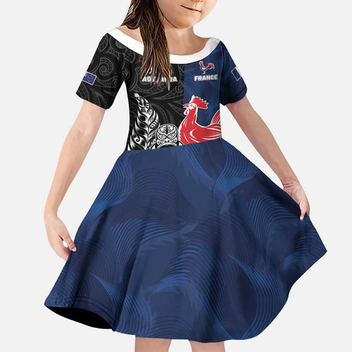 France And New Zealand Rugby Custom Family Matching Mermaid Dress and Hawaiian Shirt Les Bleus Rooster With Maori Tiki - Aussie Hoodie