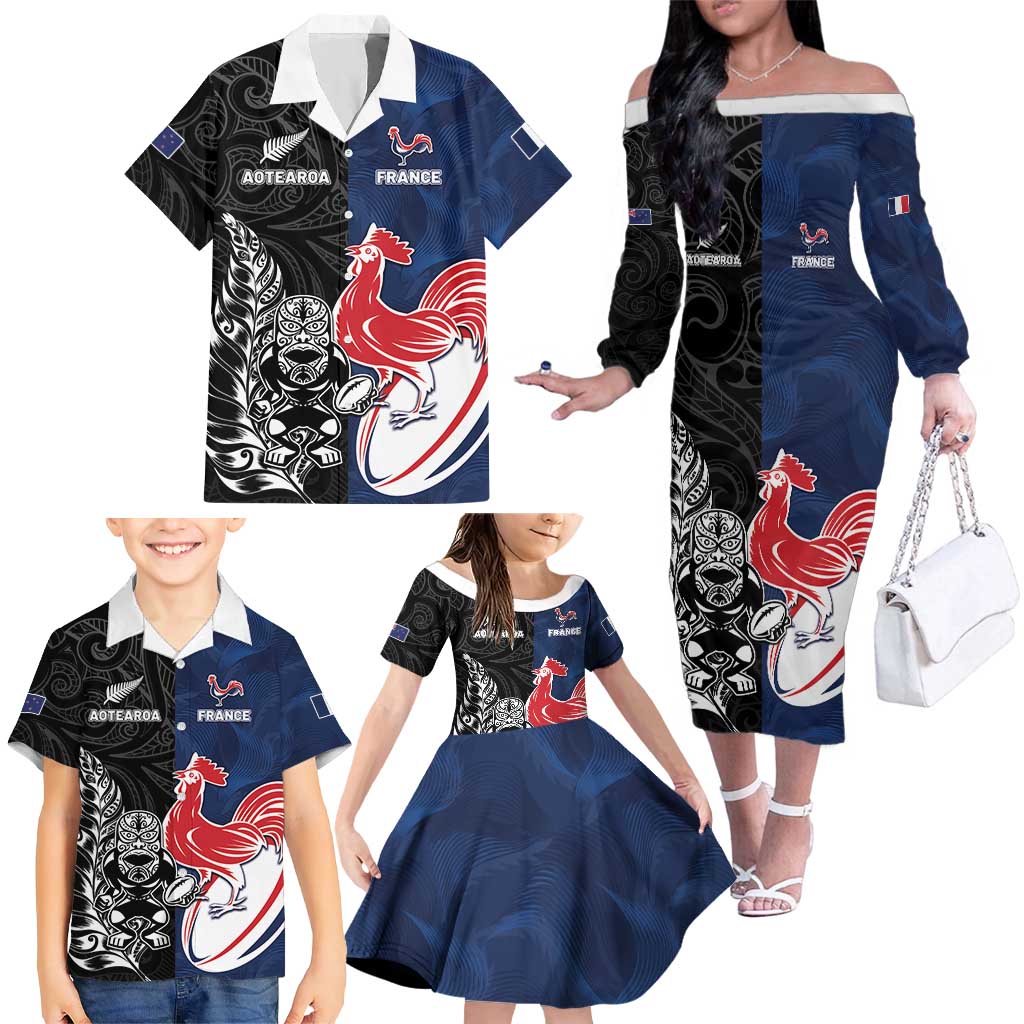 France And New Zealand Rugby Custom Family Matching Off The Shoulder Long Sleeve Dress and Hawaiian Shirt Les Bleus Rooster With Maori Tiki - Aussie Hoodie