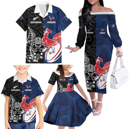 France And New Zealand Rugby Custom Family Matching Off The Shoulder Long Sleeve Dress and Hawaiian Shirt Les Bleus Rooster With Maori Tiki - Aussie Hoodie