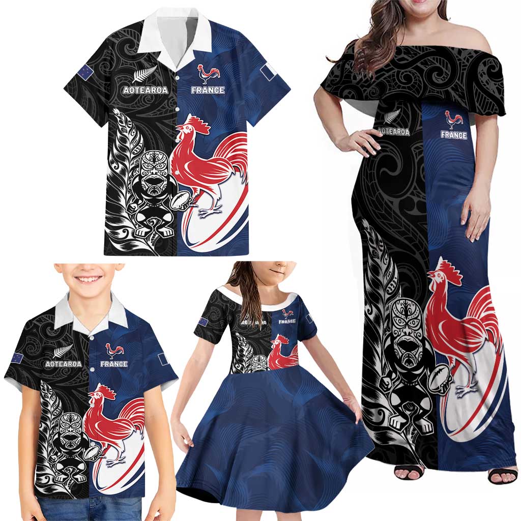 France And New Zealand Rugby Custom Family Matching Off Shoulder Maxi Dress and Hawaiian Shirt Les Bleus Rooster With Maori Tiki - Aussie Hoodie