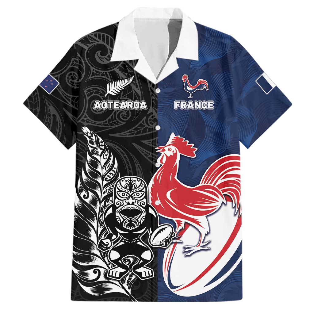 France And New Zealand Rugby Custom Family Matching Off Shoulder Maxi Dress and Hawaiian Shirt Les Bleus Rooster With Maori Tiki - Aussie Hoodie