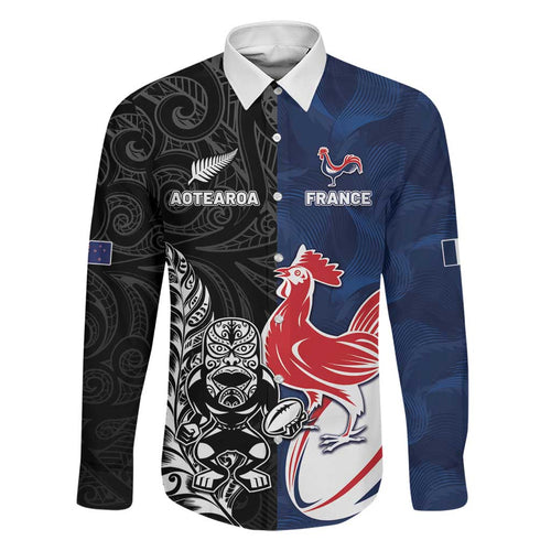 France And New Zealand Rugby Custom Family Matching Off Shoulder Maxi Dress and Hawaiian Shirt Les Bleus Rooster With Maori Tiki - Aussie Hoodie