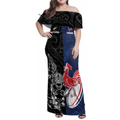 France And New Zealand Rugby Custom Family Matching Off Shoulder Maxi Dress and Hawaiian Shirt Les Bleus Rooster With Maori Tiki - Aussie Hoodie