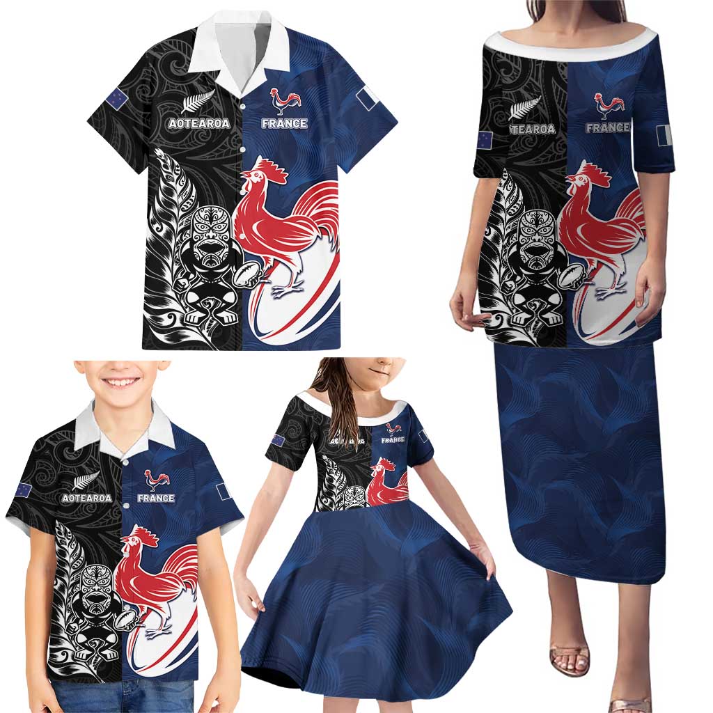 France And New Zealand Rugby Custom Family Matching Puletasi and Hawaiian Shirt Les Bleus Rooster With Maori Tiki - Aussie Hoodie