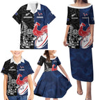 France And New Zealand Rugby Custom Family Matching Puletasi and Hawaiian Shirt Les Bleus Rooster With Maori Tiki - Aussie Hoodie