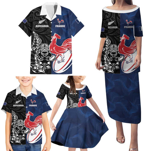 France And New Zealand Rugby Custom Family Matching Puletasi and Hawaiian Shirt Les Bleus Rooster With Maori Tiki - Aussie Hoodie