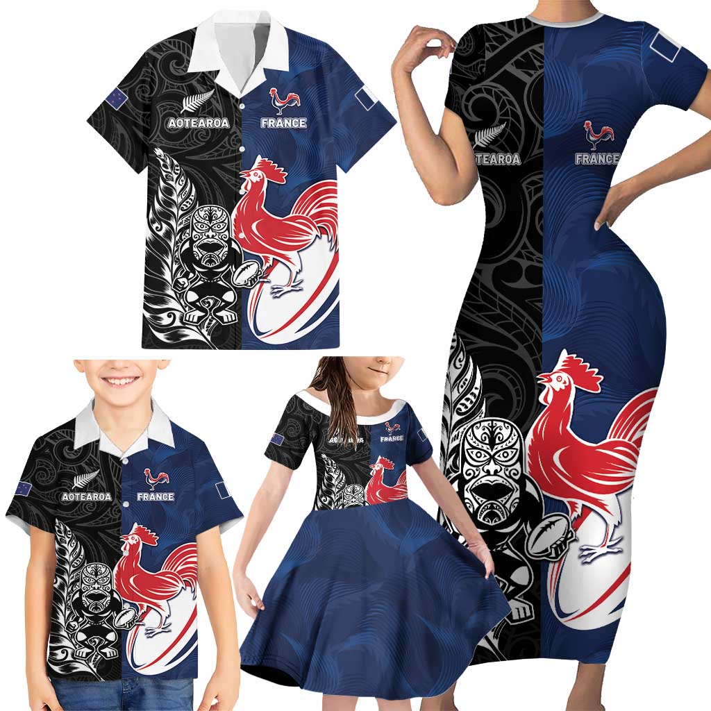 France And New Zealand Rugby Custom Family Matching Short Sleeve Bodycon Dress and Hawaiian Shirt Les Bleus Rooster With Maori Tiki - Aussie Hoodie