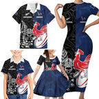 France And New Zealand Rugby Custom Family Matching Short Sleeve Bodycon Dress and Hawaiian Shirt Les Bleus Rooster With Maori Tiki - Aussie Hoodie