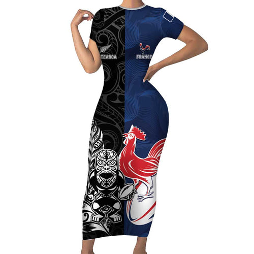 France And New Zealand Rugby Custom Family Matching Short Sleeve Bodycon Dress and Hawaiian Shirt Les Bleus Rooster With Maori Tiki - Aussie Hoodie