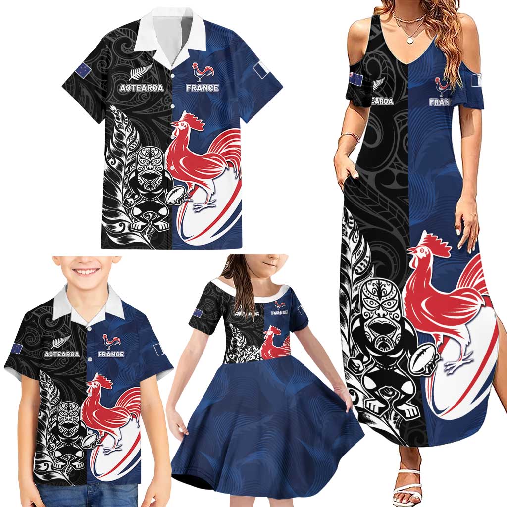 France And New Zealand Rugby Custom Family Matching Summer Maxi Dress and Hawaiian Shirt Les Bleus Rooster With Maori Tiki - Aussie Hoodie