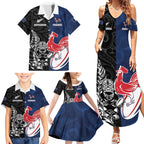 France And New Zealand Rugby Custom Family Matching Summer Maxi Dress and Hawaiian Shirt Les Bleus Rooster With Maori Tiki - Aussie Hoodie