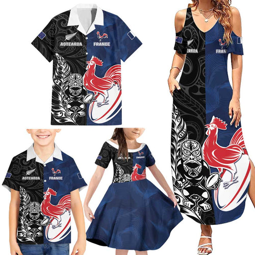 France And New Zealand Rugby Custom Family Matching Summer Maxi Dress and Hawaiian Shirt Les Bleus Rooster With Maori Tiki - Aussie Hoodie