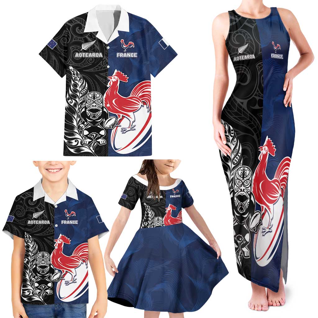 France And New Zealand Rugby Custom Family Matching Tank Maxi Dress and Hawaiian Shirt Les Bleus Rooster With Maori Tiki - Aussie Hoodie