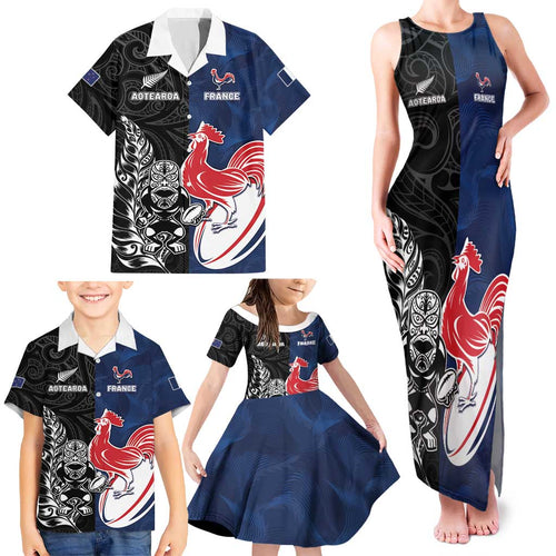 France And New Zealand Rugby Custom Family Matching Tank Maxi Dress and Hawaiian Shirt Les Bleus Rooster With Maori Tiki - Aussie Hoodie